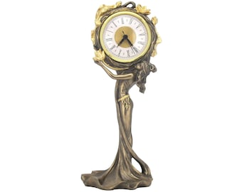 Ceramic-Alabaster Mantel Clock With Lady, Quartz Fireplace Clock with Patinated Art Nouveau Nymph, Table Clock Statue, Vintage Desktop Clock