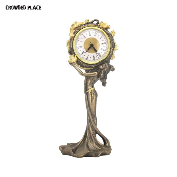 Horloge de cheminée avec dame en céramique et albâtre, horloge de cheminée à quartz avec nymphe Art nouveau patinée, statue horloge de table, horloge de bureau vintage