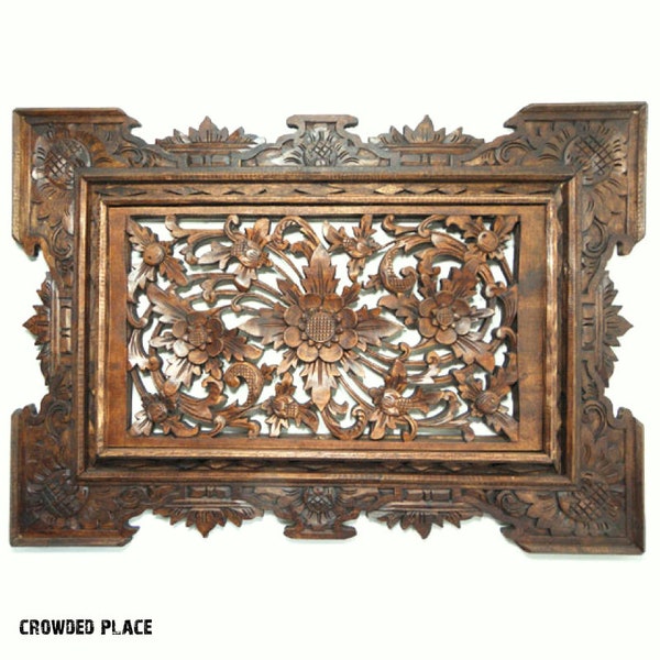 Décoration murale florale en bois, cadre en bois de 69 x 19 cm, oeuvre d'art murale en bois avec fleurs, tête de lit en bois, oeuvre d'art en panneau de bois, panneau en bois de suar, bois sculpté