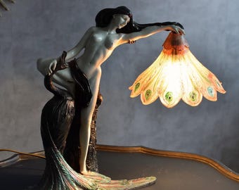 Art Deco Lady & Peacock Table Lamp, Vintage Style Accent Light
