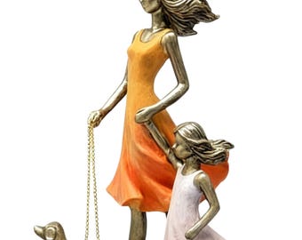 Beeldje moeder, dochter en honden, wandelende familie decor standbeeld cadeau voor moeder woondecoratie
