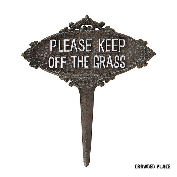 Please keep off the grass sign, Cast iron plate for the garden, 9" inch garden deco, Metal landscape sign, Grass growing area, Grass Sign
