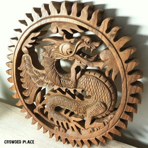 Wooden carved panel Dragon 10&quot;, Handmade Carving, Vintage Dragon Wall Art, Wood Carved Plaque, Wall Hanging, Dragon Wall Decor, Dragon art