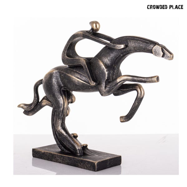 Abstract beeldhouwwerk paard en ruiter met bronzen afwerking: moderne ruiterkunst