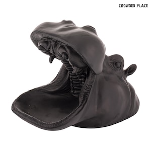 Black Hippo Figurine, Decorative Open Mouth Hippopotamus Statue, Unique Resin Animal Sculpture, Modern Home Accent, Home decor