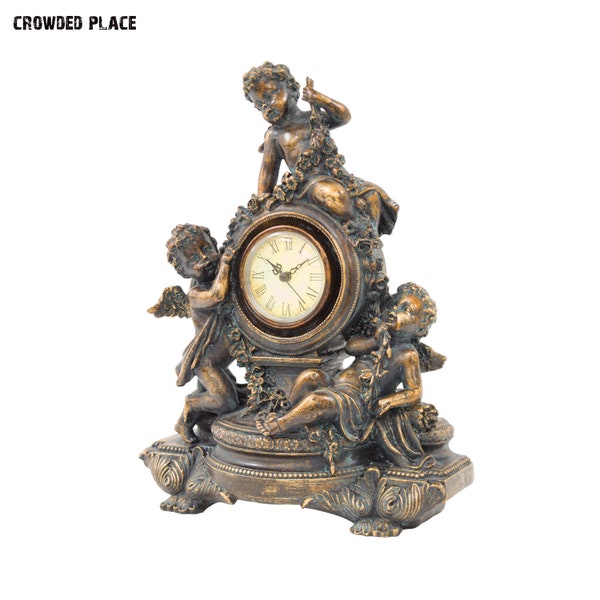 Cherub-Kaminuhr, neobarocke Harzuhr mit Amoretten, Polyresin-Vintage-Desktop-Uhr, stilisierte Kaminuhr, Art-Deco-Stil