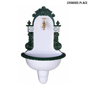 Vintage Wall Water Fountain – White and Green Ornate Metal Garden Sink with Brass Tap for Classic Outdoor Wall Decor