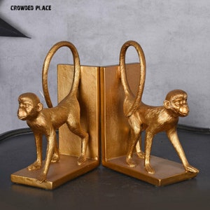 Cheeky monkey bookends shelf decor, Pair of gold monkey bookends, Library bookshelf decor, Book dividers, Housewarming gift, Birthday gift