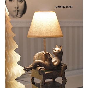 Reading Cat Table Lamp, Amazing Resin Cat with Glasses Sculpture Light, Cozy Literary Home Decor for Book and Cat Lovers