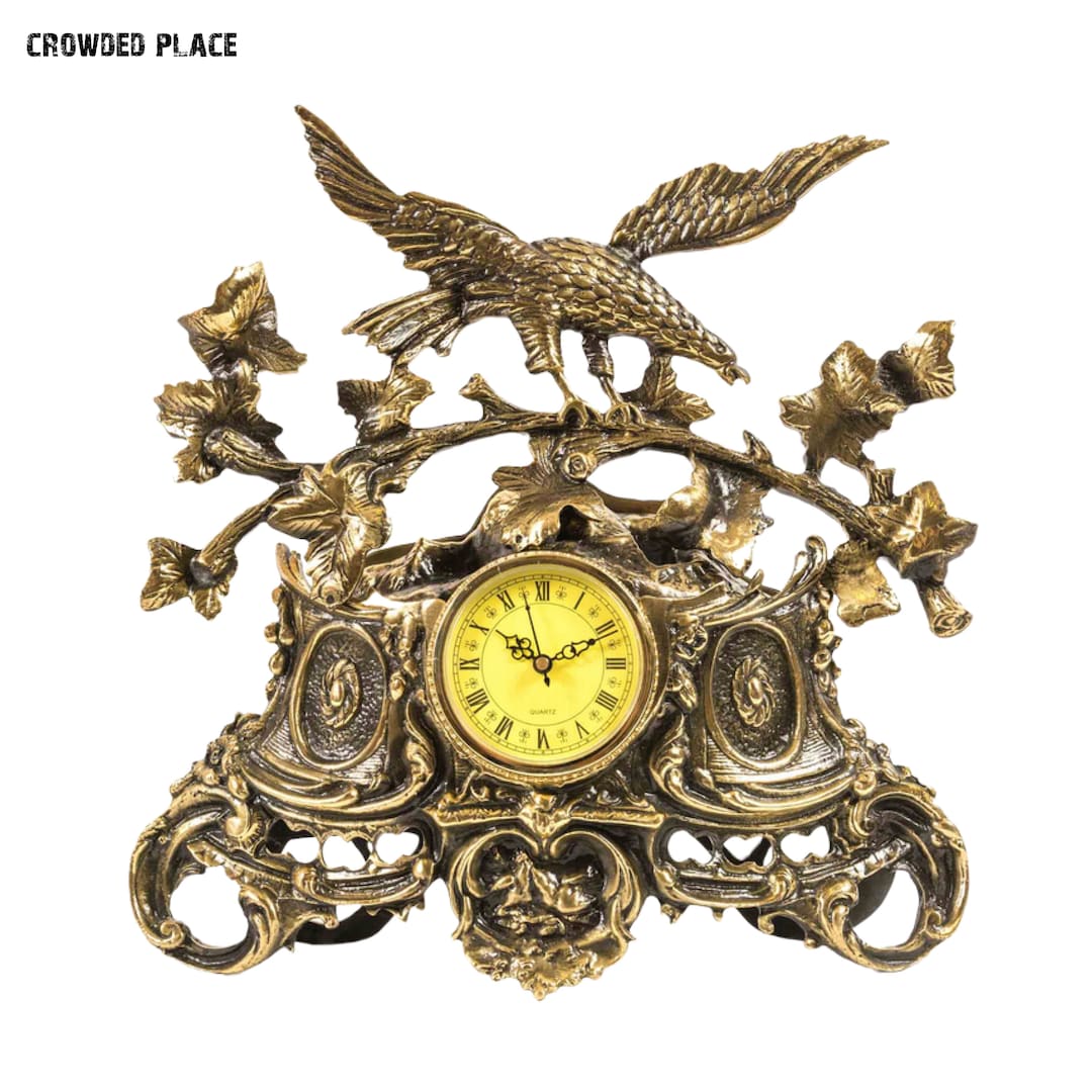 Brass Mantel Clock With Eagle on a Branch, Brass Table Clock, Vintage Desktop Clock, Antique