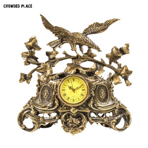 Brass mantel clock with eagle on a branch, Brass table clock, Vintage desktop clock, Antique mantel clock, Art deco style, Living room clock