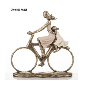 Mother with doughter on bicycle, Family bicycle figurine, Cyclist handmade statue, Home decor sculpture, Bike figure, Bike saculpture