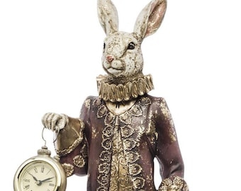 Alice in Wonderland White Rabbit Clock Figurine, Vintage Resin Sculpture