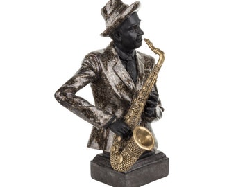 Estatuto de músico de saxofón de 14", escultura de saxofón, estatua de banda de jazz, decoración de música africana, arte de regalo musical, decoración de estatuilla de músico