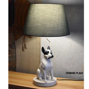 Franse Bulldog-tafellamp, hondenlamp van hars met stoffen kap, uniek dierenverlichtingsdecor voor hondenliefhebbers en modern interieur