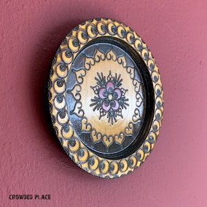 Wall Plate Floral Pattern Boho Decor 6.10&quot;, Carved Wooden Plate, Wooden Plate with Floral Folk Art Design, Crowded Place