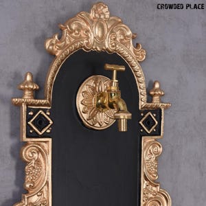 Wall Water Fountain – Black and Gold Metal Garden Decor with Brass Tap and Antique Plant Motif Design, Garden Decor, Garden Space Deco