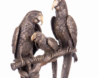 Bronze sculpture of three parrots on a tree, Bronze decor, Nature figure, Exclusive bronze statue on marble base, Parrot Family statue deco