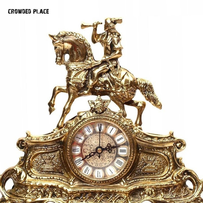 Brass Mantel Clock With Horse Rider: Rococo Art Deco Table Clock