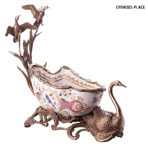 Porcelain Bowl on a Base with Bronze Swans, Porcelain Plateau with Bronze Ornaments, Antique Porcelain Plateau, Vintage Plateau Art Nouveau