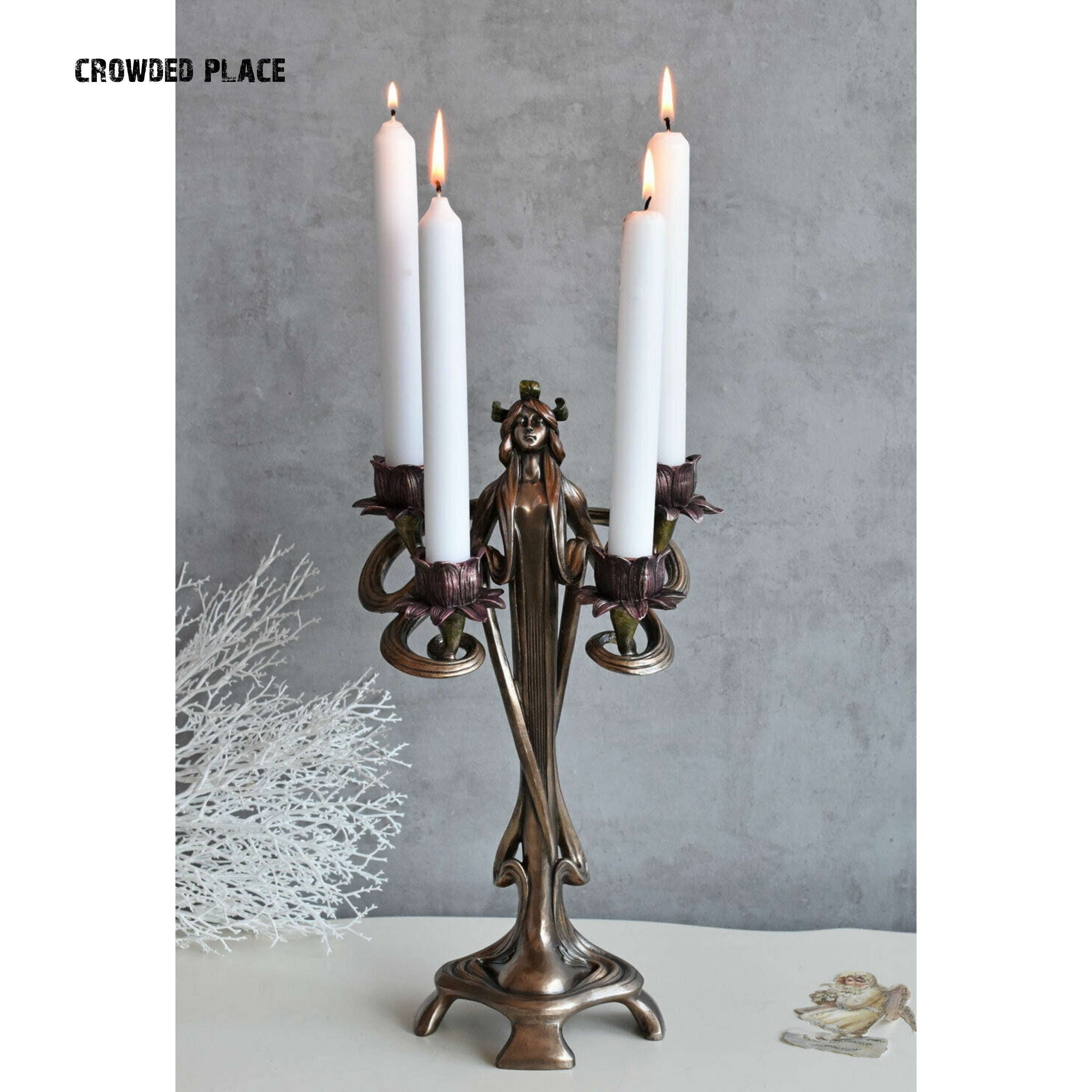 Art Nouveau Style Resin Candleholder, Woman Figure, Four-armed