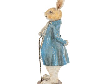Sprookjeskonijntje beeldje, vintage konijnenbeeldje, lente tafeldecoratie, blauwe jas ornament