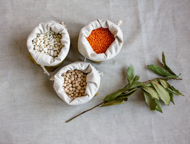 Drawstring pouch pack/ Handprinted linen produce bag set/ Etsy