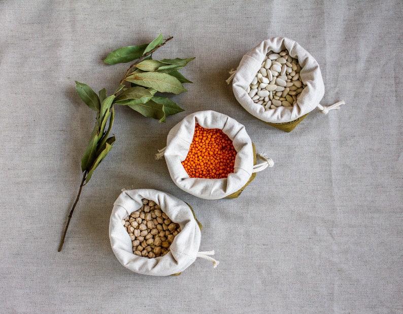 Drawstring pouch pack/ Handprinted linen produce bag set/ Etsy