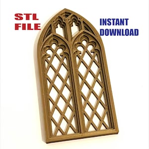 May include: A detailed, brown, gothic-style window frame with diamond-shaped panes. The words "STL FILE" in red and "INSTANT DOWNLOAD" in blue are displayed on the image. The frame is made of a light brown material.