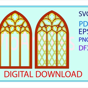 May include: Two digital downloads of a gothic style window design. The windows are red and yellow with a geometric pattern. The text "SVG, PDF, EPS, PNG, DFX" and "DIGITAL DOWNLOAD" is included in the image.