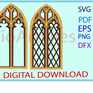 May include: Two digital downloads of a gothic style window design. The window on the left is outlined in brown and has a simple design. The window on the right has a more intricate design with brown diamond shapes.