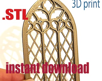 Gothic window STL file, Dollhouse architecture  3D printing file, Catherdal arch printing template