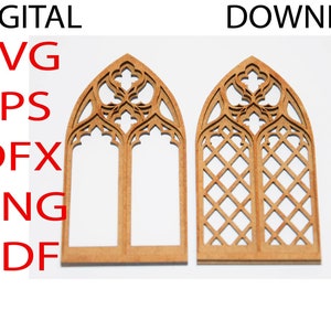May include: Two wooden cutout arched windows with intricate designs. The window on the left has a simple design with two panes, while the window on the right has a more complex design with a diamond pattern.