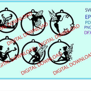 May include: Five black and white silhouette designs of fairies with wings, each inside a circle. The fairies are in different poses, some holding flowers or wands. The text "SVG EPS PDF PNG DFX" is in the upper right corner of the image.