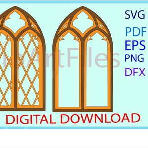 May include: Digital download of two arched windows with diamond-shaped panes. The windows are outlined in brown and the panes are orange. The text "SVG, PDF, EPS, PNG, DFX" and "DIGITAL DOWNLOAD" are also included in the image.