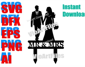 SVG //DFX AI  Eps Png cutting files for Wedding cake topper silhouette, Bride and groom  couple silhouette  Laser cut file, Cricut template