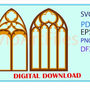 May include: Two decorative arched windows with intricate designs. The windows are outlined in brown and have a gold interior. The image includes the text "SVG, PDF, EPS, PNG, DFX, DIGITAL DOWNLOAD".