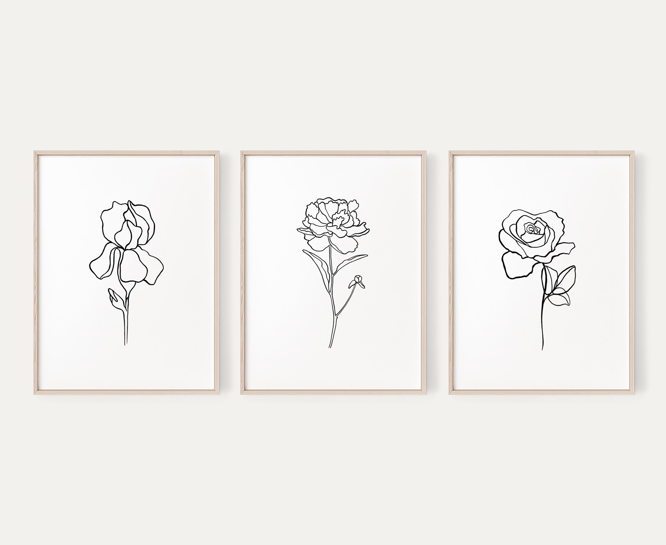 Set of 3 Line Art Printable Rose Iris Peony Print Line Art | Etsy