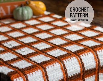 May include: Crochet pattern for a white, orange, and brown plaid table runner with fringe. The pattern is available for instant download.  "CROCHET PATTERN instant download"