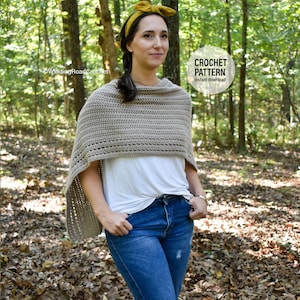 May include: A woman wearing a crocheted shawl in a forest setting. The shawl is a light brown color and has a simple stitch pattern. The text "CROCHET PATTERN" and "instant download" is visible in the image.