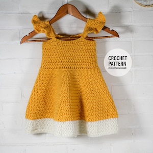 Patrón de ganchillo para vestido infantil fácil, tallas de 12 meses a 4T, descarga en PDF en inglés.
