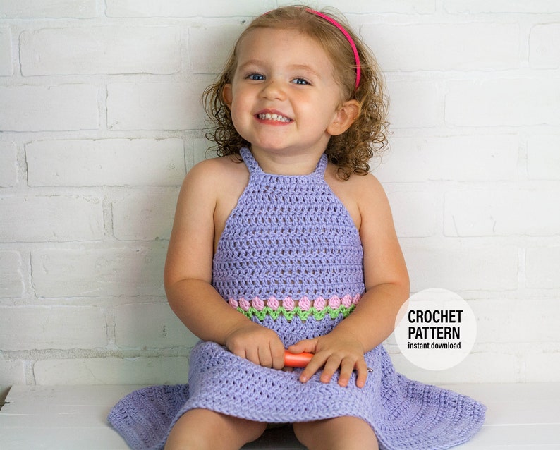 Crochet Tulip Dress Pattern, Crochet Baby Dress Pattern for 12m, 18m, Size 2, 4, 6, 8, English PDF Download, Crochet Sun Dress tutorial image 1