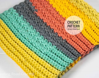 May include: A multi-colored crochet blanket with stripes of yellow, orange, green, gray, and blue. The blanket is folded in half and the text "CROCHET PATTERN instant download" is visible in a white circle.