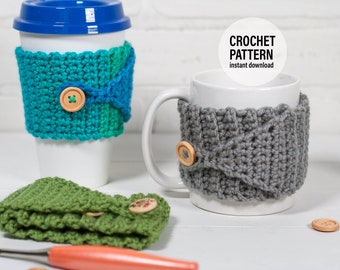 HÄKELANLEITUNG x Button Cup Cozy, passend für Kaffeetassen und Reisetassen, Deutsch Pdf Download,