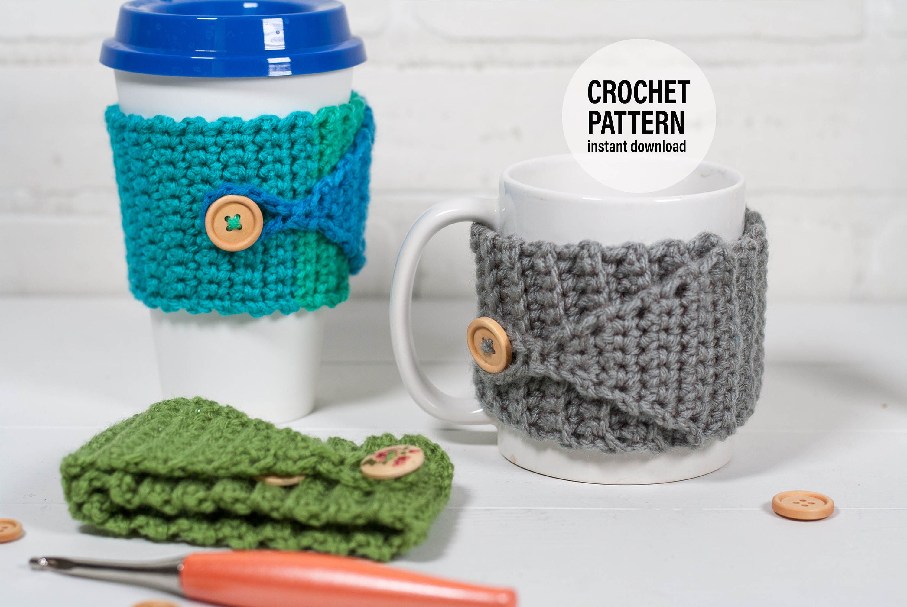 CROCHET PATTERN x Button Cup Cozy, Fits Coffee Cups and Travel Cups, English Pdf Download,