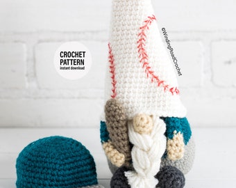 May include: Crochet pattern for a baseball gnome with a white hat, teal shirt, and gray pants. The gnome is holding a baseball bat and has a white braided beard. The pattern is available for instant download.  A teal and gray baseball cap is also included in the image.