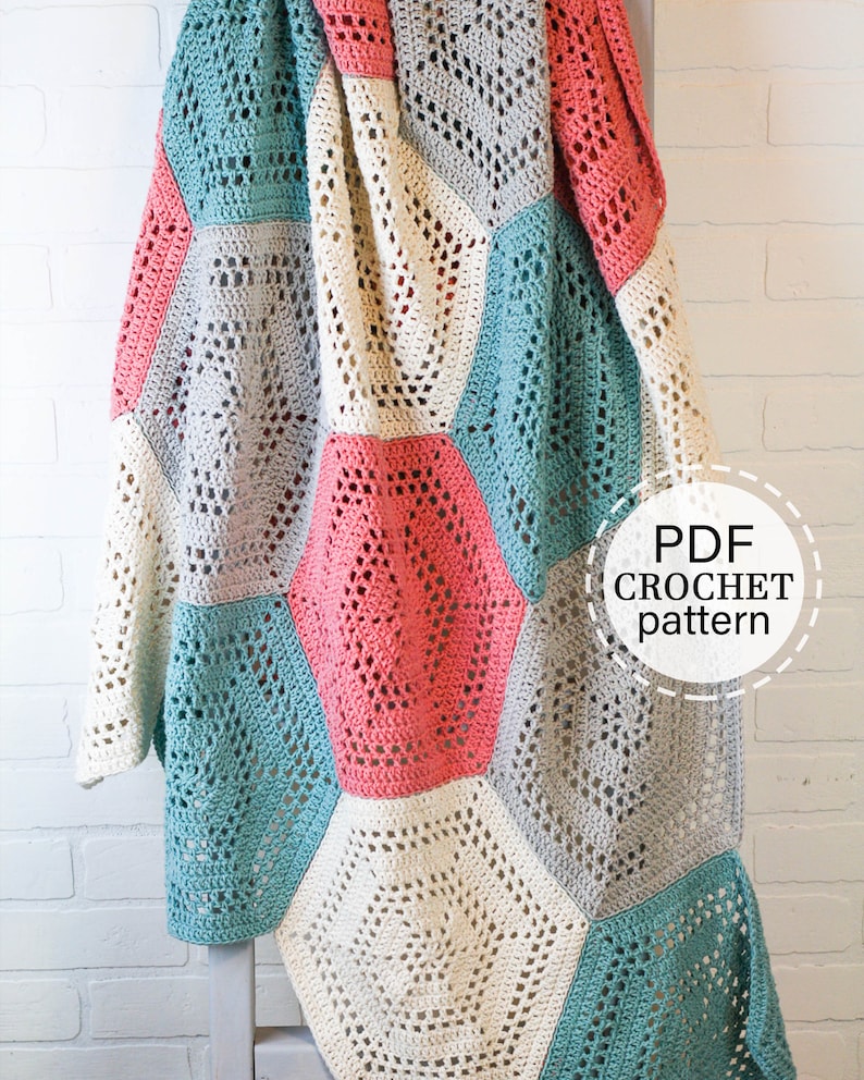 CROCHET PATTERN x Crochet Hexagon Blanket Pattern, English Pdf Pattern, Baby Blanket, Multiple sizes, Crochet Blanket Tutorial, image 1