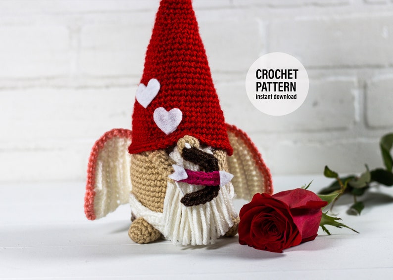 CROCHET PATTERN X Cupid Gnome, English PDF Download, Valentine's Day Gnome Pattern image 1