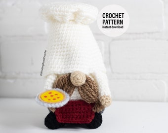 May include: Crochet pattern for a gnome wearing a chef's hat and holding a pizza. The pattern is available for instant download.  CROCHET PATTERN instant download