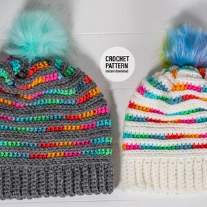 May include: Two crocheted hats with colorful stripes and faux fur pom-poms. The hats are gray and white. CROCHET PATTERN Instant download.